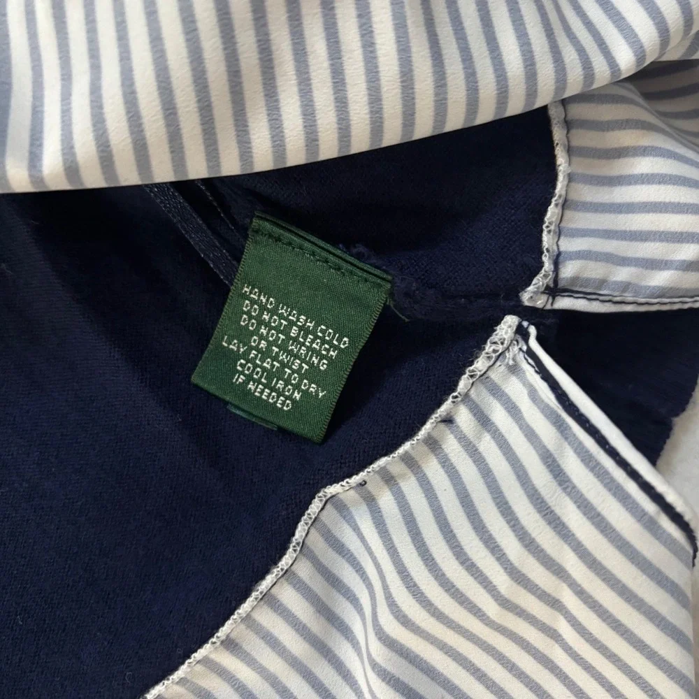 Lauren Ralph Lauren Navy Blue Striped Layered Mixed Media Sweater Top Large - Picture 3 of 7